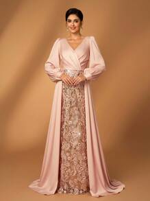 Serin Váy dài tay đuôi cá xếp ly ren sequin thanh lịch cổ chữ V bằng vải satin, phù hợp cho tiệc tối, vũ hội, đám cưới, váy cưới cho mẹ cô dâu - Rượu sâm banh - Xem 6