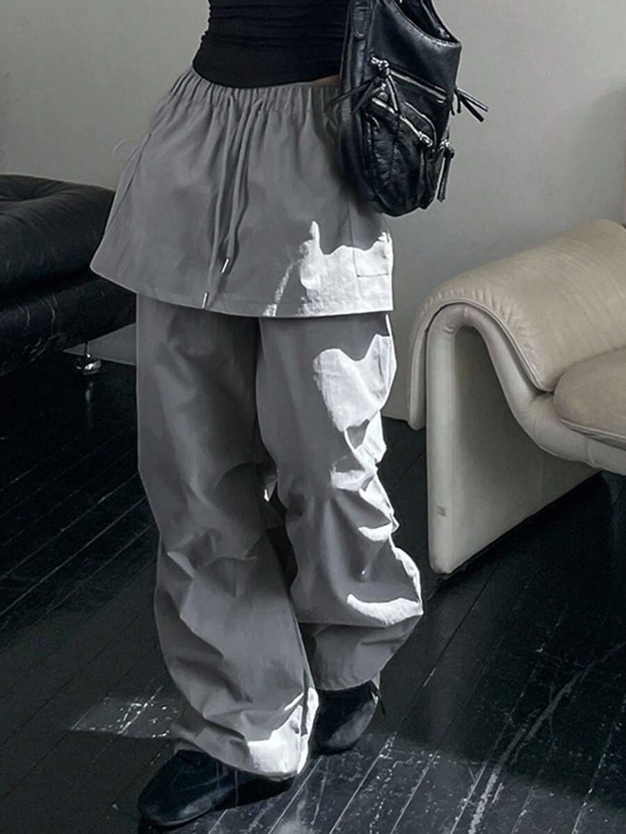 DAZY Pantalón cargo casual de tiro alto y pierna ancha con cordón, 2 en 1 para mujeres