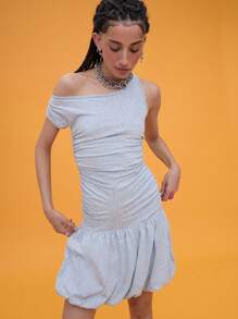 COUREZ Off Shoulder Ruched Bubble Hem Mini Dress /Winter Dress Winter Clothes For Women Vacation Outfits Y2K Sexy Cotton