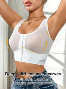 SHEIN Camiseta de mujer de unicolor con parches de malla transparente y abotonamiento delantero - Blanco - Ver 3