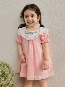 Blossori Baby Girls Country Vacation Colorblock Collar Floral Embroidered Puff Sleeve Dress - Multicolor - View 3