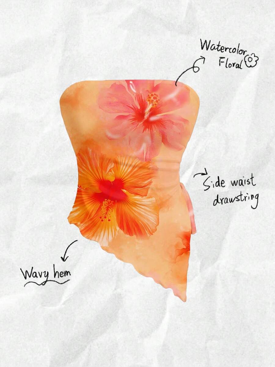 SHEIN MOD Casual Asymmetrical Hem Floral Print Cropped Tank Top For Women, Suitable For Holiday And Summer, Pintue Flower Pattern,Tube Top Suitable For Going Out