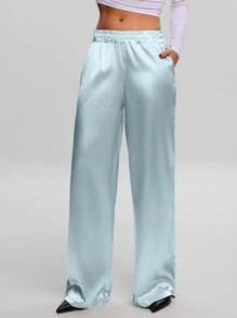 EURMUSE RueChic Satin High Waist Wide Leg Pant - Baby Blue - View 6