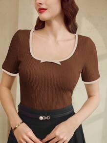 Vintamour Camiseta de mujer vintage, clásica y elegante, con detalles de lazo, de manga corta, de corte ajustado y con ribetes de contraste, para primavera/verano, color albaricoque