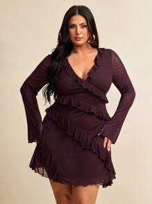 SHEIN BAE 加大码长袖连衣裙,浪漫甜美荷叶边秋季连衣裙,适合约会、旅行、秋季内衣、蝴蝶结、女士夏装、女士节日派对服装、优雅、生日服装、网眼、性感连衣裙、生日礼服、返校女孩服装、女孩夏装、秋装、校服、万圣节、冬季、Y2k 服装、复古、女士度假服装、加大码女装、女士夏装、7 月 4 日女士 - 棕色 - 查看 8