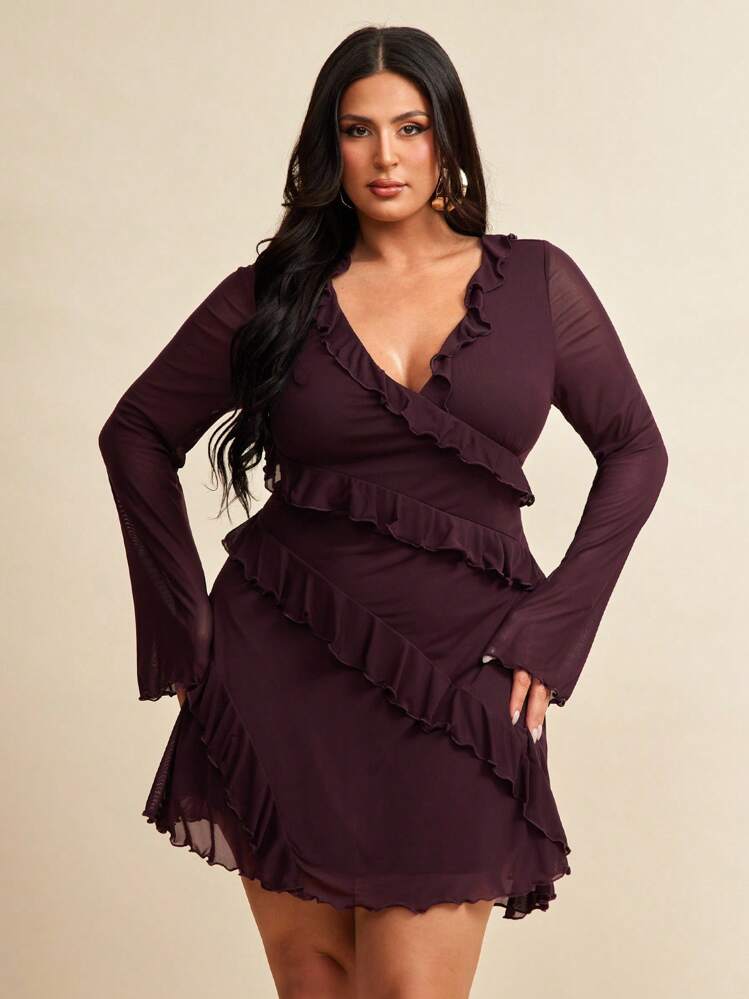 SHEIN PETITE CURVE Vestido de manga larga con volantes para tallas grandes - Marrón - Añade 7