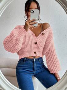EMERY ROSE Women's Solid Color Drop Shoulder Long Sleeve Single Breasted Casual Loose Cardigan Fall Winter Cloth For Women - Baby Pink - View 6