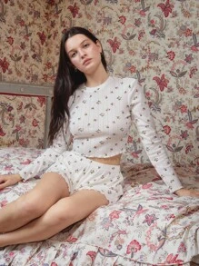 lacRébo 柔软罗纹针织复古花卉印花长袖家居服上衣搭配宽松松紧腰短裤秋冬秋季服装