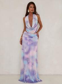 Aloruh Women's Elegant Sexy Beach Vacation Backless Suit Country Music Festival Concert Halter Neck Top + Long Skirt 2pcs/Set Women Purple Printed Outfit,Can Be Worn With A Bikini - Multicolor - View 4