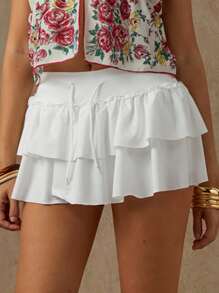 Glamine Women 2pcs/Set Casual Girl Daily Ruffled Hem Drawstring Waist Skirt Ruffled Skirts Tiered Skirts Summer Skirts Ruffled Shorts