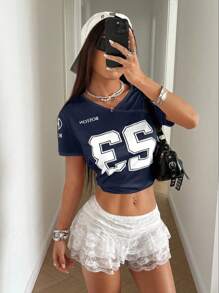 StreetHx 女士街头潮流撞色字母印花短袖 T 恤，春夏 - 藏蓝色 - 查看 4