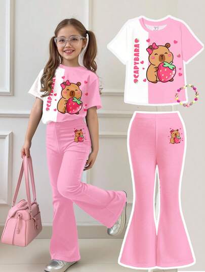 SHEIN Rose Bubblegum, Cute Cartoon Capybara & Strawberry Pattern Young Girl Casual Minimalist Round Neck Short Sleeve T-Shirt & Flared Pants 2-Piece Set, Ideal For Summer Chill, Vacay Vibes Teen Girl Matching Set Girls Pink Flare Pants Set Capybara Shirt And Pants Set Kids Bell Bottom Pants Set Flare Pants Set For Girls