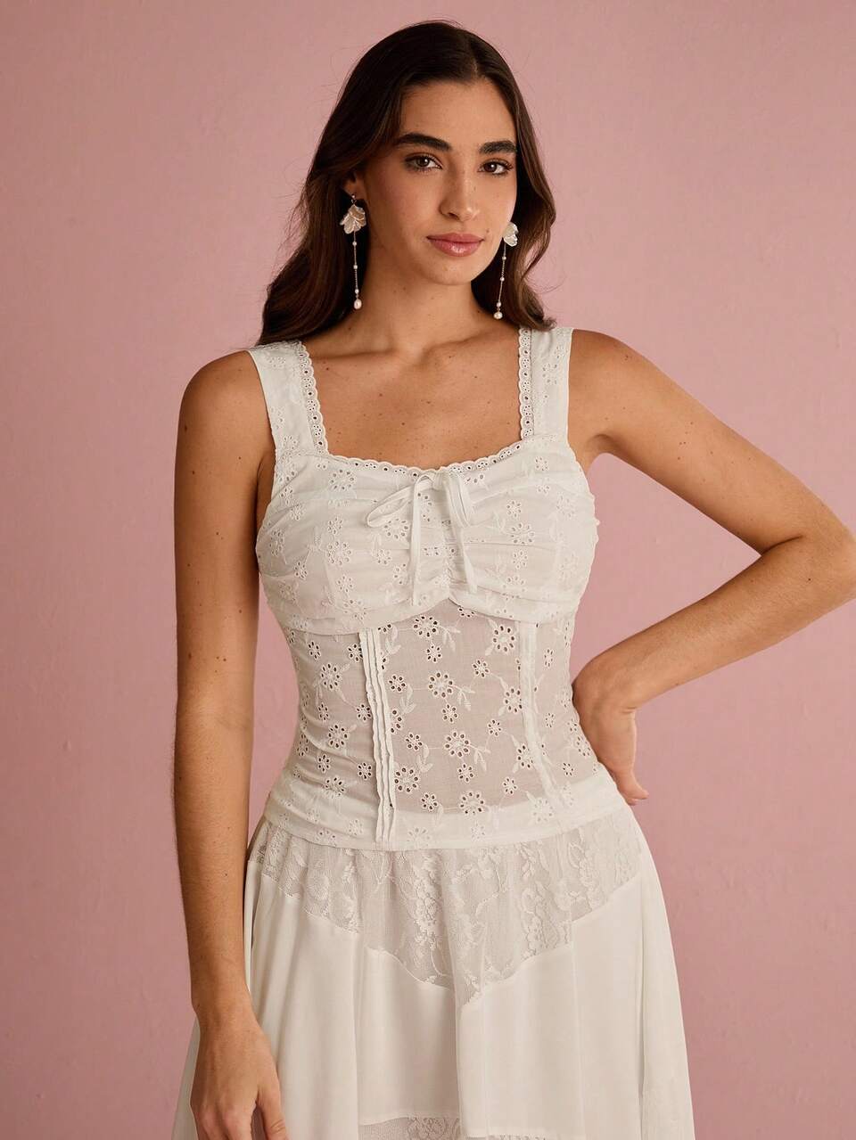 Enchnt White Floral Summer Cottage Core Tea Party Women's Exquisite Hollow Embroidered Square Neck Bowknot Tank Top,Sweet&Elegant Vacation Holiday Birthday
