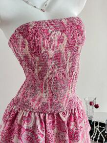 Chiquease Women Paisley Print Tiered Ruffle Bandeau Summer Vacation Dress - Baby Pink - View 6