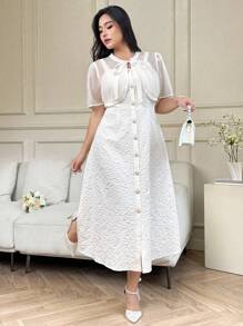 SHEIN Clasi Plus Size White,Summer,Elegant,Silky,Wedding Guest Sheer Front Tie Cardigan & Jacquard Slip Dress Set,Teacher Outfits Back To School Korean Style - Apricot - View 6
