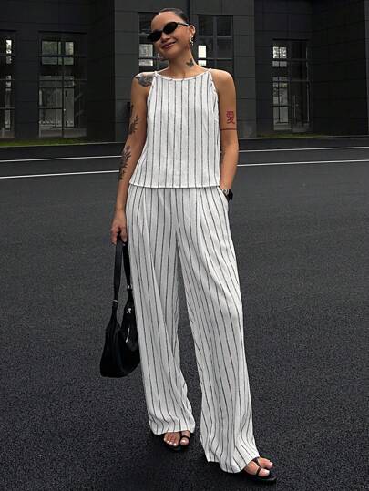 DAZY 女式夏季条纹细肩带背心和休闲长裤两件套