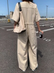 DAZY 女式夏季 V 领短袖抽绳腰连体裤，休闲都市男女通用牛仔连体裤 - 薑色 - 查看 5