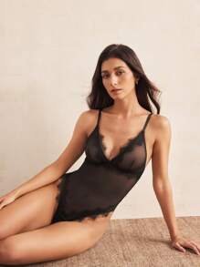 Charlaine 女式蕾丝拼布透明性感无袖连体衣，夏季 - 黑色 - 查看 1