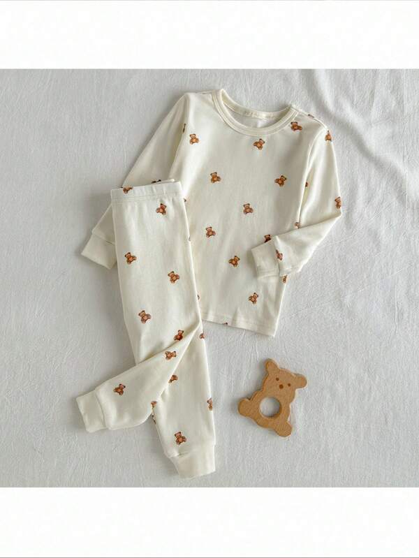 Loomiva 2 pièces Ensemble pyjama bébé garçon avec Top à manches longues col rond et motif ours de bande dessinée en tricot doux, et pantalon long à taille élastique ajusté