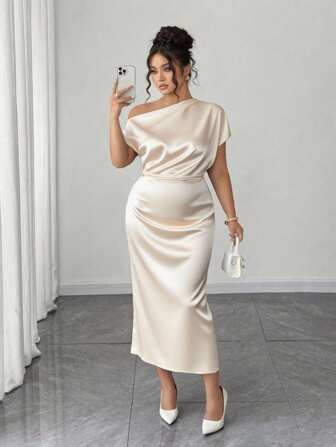 Elenzga Đầm bodycon chữ A hở vai lệch vai bằng vải satin cỡ lớn cho nữ, mùa hè