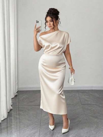 Elenzga Plusstorlek Damklänning i satin med asymmetrisk halsringning, kall axel, bodycon, A-linjeformad, sommar