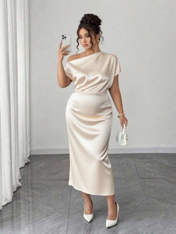 Elenzga Vestido de línea A estraple de mujer de talla grande de satén con hombros descubiertos, verano