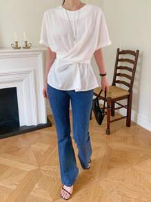 DAZY Blusa de verano con mangas cortas y lazo en la cintura, de color liso y casual para mujer - Blanco - Ver 3