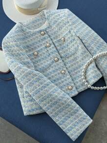 INAWLY Women's Elegant Commuting Daily Button-Up Cropped Jacket Fall Winter Cloth For Women - Blue - View 1