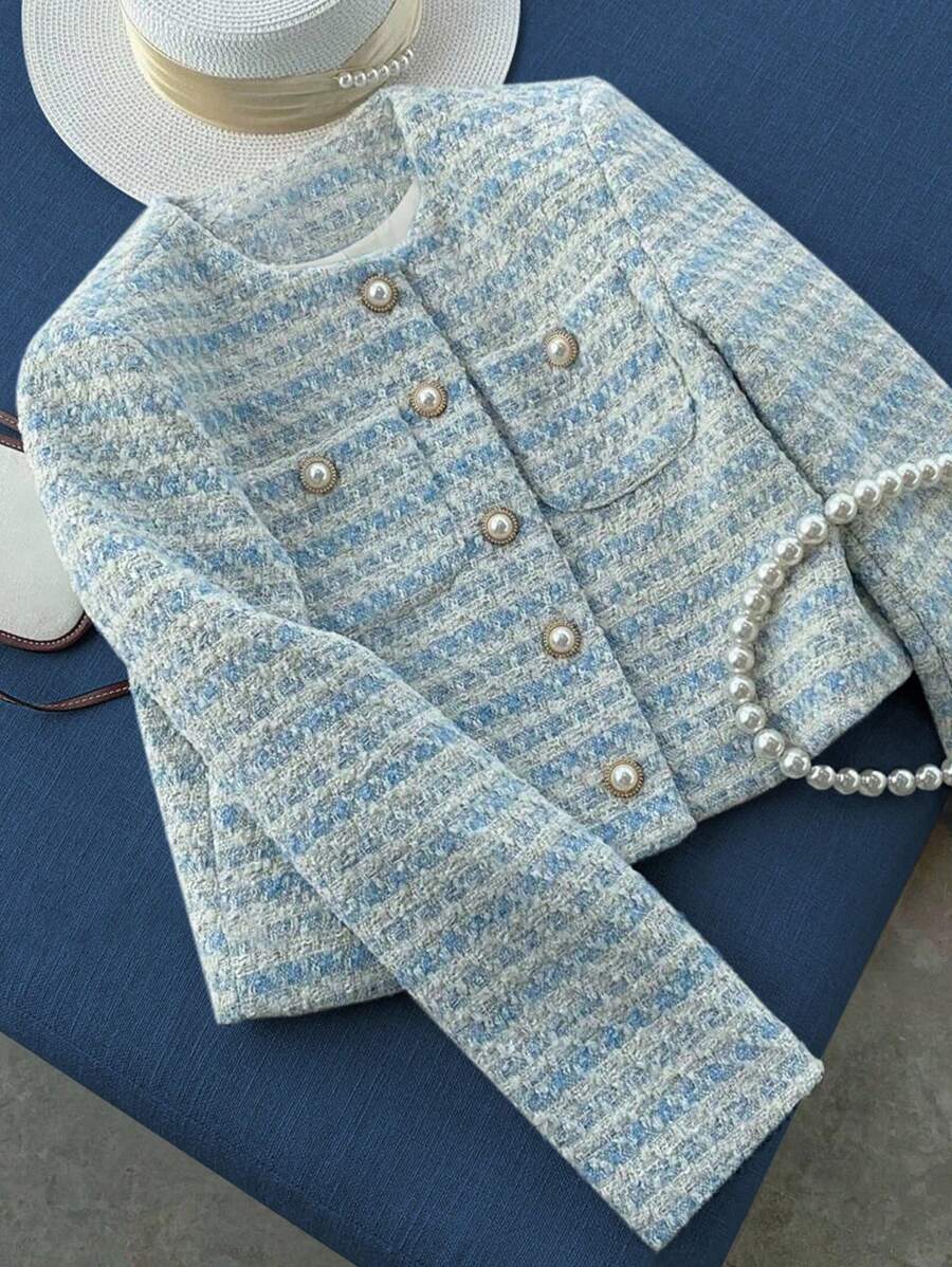 INAWLY Women's Elegant Commuting Daily Button-Up Cropped Jacket Fall Winter Cloth For Women - Blue - View 1