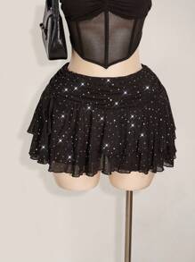 SHEIN ICON 加大码迷你分层褶饰系带裙，高开衩，亮片网眼细节 - 黑色 - 查看 3