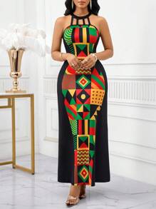 SHEIN Lady Đầm Maxi Cổ Chữ V In Hình Chắp Vá Geo Cho Nữ, Dáng Ôm, Eo Thon Gọn, Viền Phồng - Nhiều màu - Xem 4