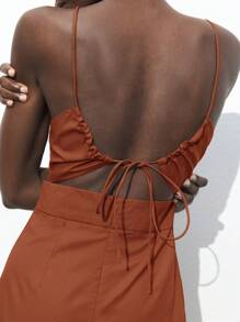 Maija 2025 秋冬新款棕色系带蝴蝶结前开衩设计连衣裙，优雅都市浪漫朴素乡村音乐节复古机场旅行婚礼宾客生日万圣节商务休闲办公室约会派对外出机场装性感连衣裙优雅圣诞节 - 鏽棕色 - 查看 5