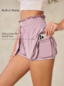 OutZeal 女士清凉触感荷叶边高腰内置短裤飘逸粉色运动短裤度假夏季 - 藕粉色 - 查看 2