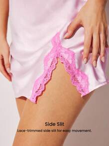 LUVLETTE Sexy zijdezacht satijn, luxe kanten rand, V-hals, bandjes, camisole, loungewear, slipjurk, luchtig nachthemd, lingerie
