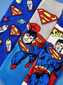 SUPERMAN X SHEIN 3 双棉质条纹卡通男童中筒袜，加固脚趾和脚跟，经久耐用，适合上学和日常穿着，蓝色