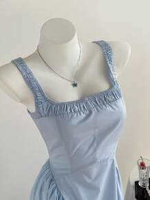 Comfortcana Robe casual d'été à col carré plissée sans manches de couleur unie pour femmes - Bleu azur - Voir 4