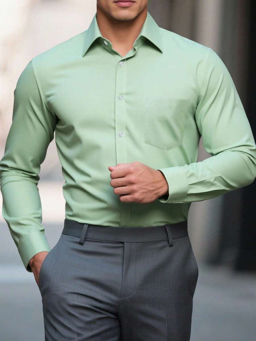 Manfinity Mode Áo sơ mi tay dài màu trơn đơn giản, thoải mái khi đi làm hàng ngày, cỡ lớn dành cho nam, mùa thu - màu xanh lá - Xem 1