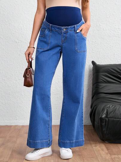 SHEIN Jeans de maternidad con piernas acampanadas, cintura ajustable y bolsillos