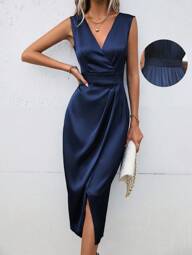 SHEIN Clasi Vestido satinado con dobladillo envolvente, vestido de invitada de boda, atuendo de mujer largo