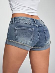 SHEIN Unity Women's Casual Low Waist Fitted Denim Shorts, Summer - Blue - View 2