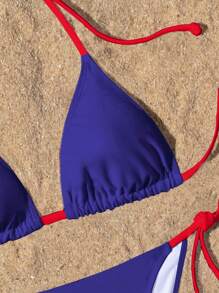 Swim Vcay Bikini de verano de estilo vacacional con corte de contraste y lazo en el cuello para mujer