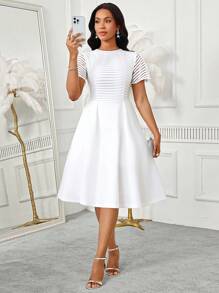 SHEIN Lady Vestido de verano casual y elegante con cuello redondo, mangas con volantes de encaje de malla a rayas, tela resistente, falda de paraguas A-line de cintura ancha, de longitud media, para vacaciones, vestido de invitada de boda, vestido casual de negocios, vestido de mujer para la iglesia, vestido con volantes para conciertos, vestido con peplum para boda - Blanco - Ver 6