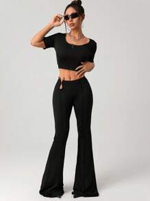 SHEIN ICON Women's Black Knitted Flare Leggings With Zipper Detail And Extra Long Length For A Casual Style - Black - View 3