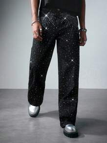 ROMWE MEN Street Life Men's Fashionable Washed Distressed Rhinestone Straight-Leg Jeans