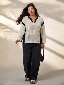Calvaya Plus Size Contrast Color Trim Sheer Casual Pullover Sweater Knit Pullover Fall Winter