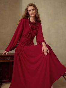 MOTF PREMIUM WOMEN'S LONG KNIT GATHERED LANTERN SLEEVE MIDI DRESS - Red - View 1