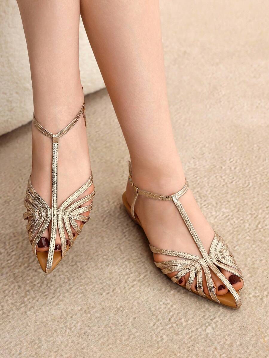 Rosivie 女式2025新款镂空编织罗马凉鞋，时尚平底封闭式趾带休闲沙滩鞋 - 香檳色 - 查看 1