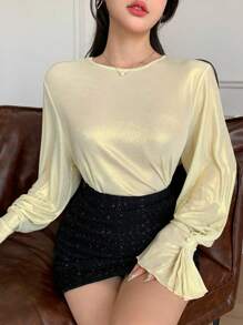 DAZY Women's Bell Sleeve Elegant Sequin Decoration Twist Knot Button Detail Long Sleeve Blouse Top, Business/Party Wear, Spring/Summer/Autumn