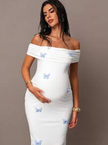 MaterniChic Women White Off Shoulder Flare Sleeve Dress, Blue Bow Dress, Elegant Dress For Fall/Winter, Renaissance Fair Western Dress, Homecoming, Cute Tops, Beach, Party, Brunch Women Outfit, 90s Outfit, Cottage Core, Korean Fashion, Long Sleeve Cute Dress, Maternity Dress  Fall Women Clothes Baby Shower Modest Dresses For Women All White Party Outfit Women