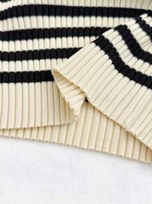 SHEIN 2pcs/Set Teen Girls Vacation Striped Sweater Top And Shorts Set, Collared Long Sleeve Pullover And Knitted Shorts Striped Two Piece Set Two Piece Knit Set Preppy Two Piece Set Striped Sweater Set Knit Two Piece Set,In Fall/Winter - Black - View 8